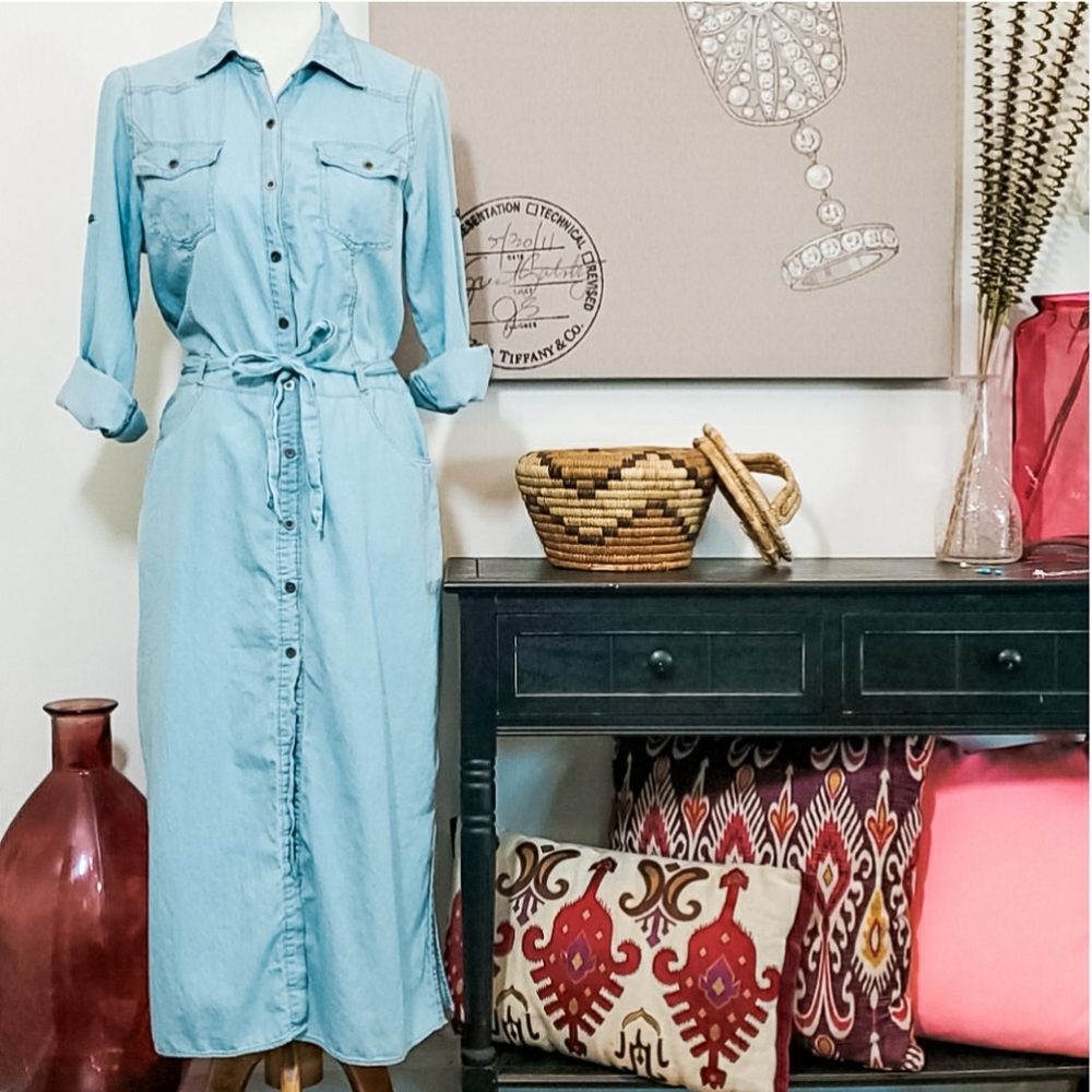 Denim Midi Dress Button Up Lightweight Long Sleeve